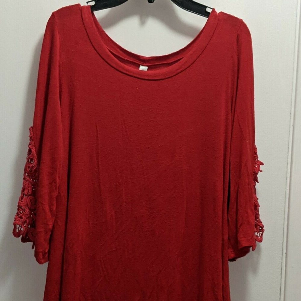 Women's Red Blouse by Emerald with Crochet Sleeve Accents